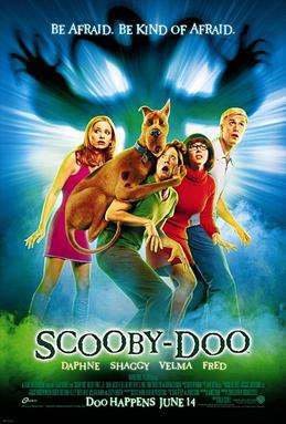 A movie poster for 'Scooby-Doo' shows the main characters—Scooby-Doo, Shaggy, Daphne, Velma, and Fred—looking terrified as…