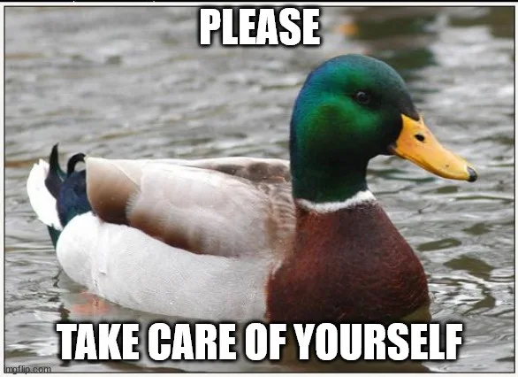 A mallard duck with a green head and brown chest is floating calmly in water. Large white text overlaid on the image reads…