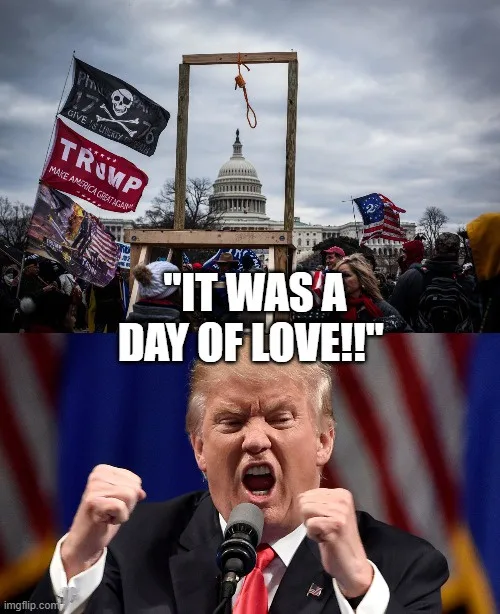 The image is split: the top half shows a protest scene with a wooden gallows structure and a noose hanging in front of the…