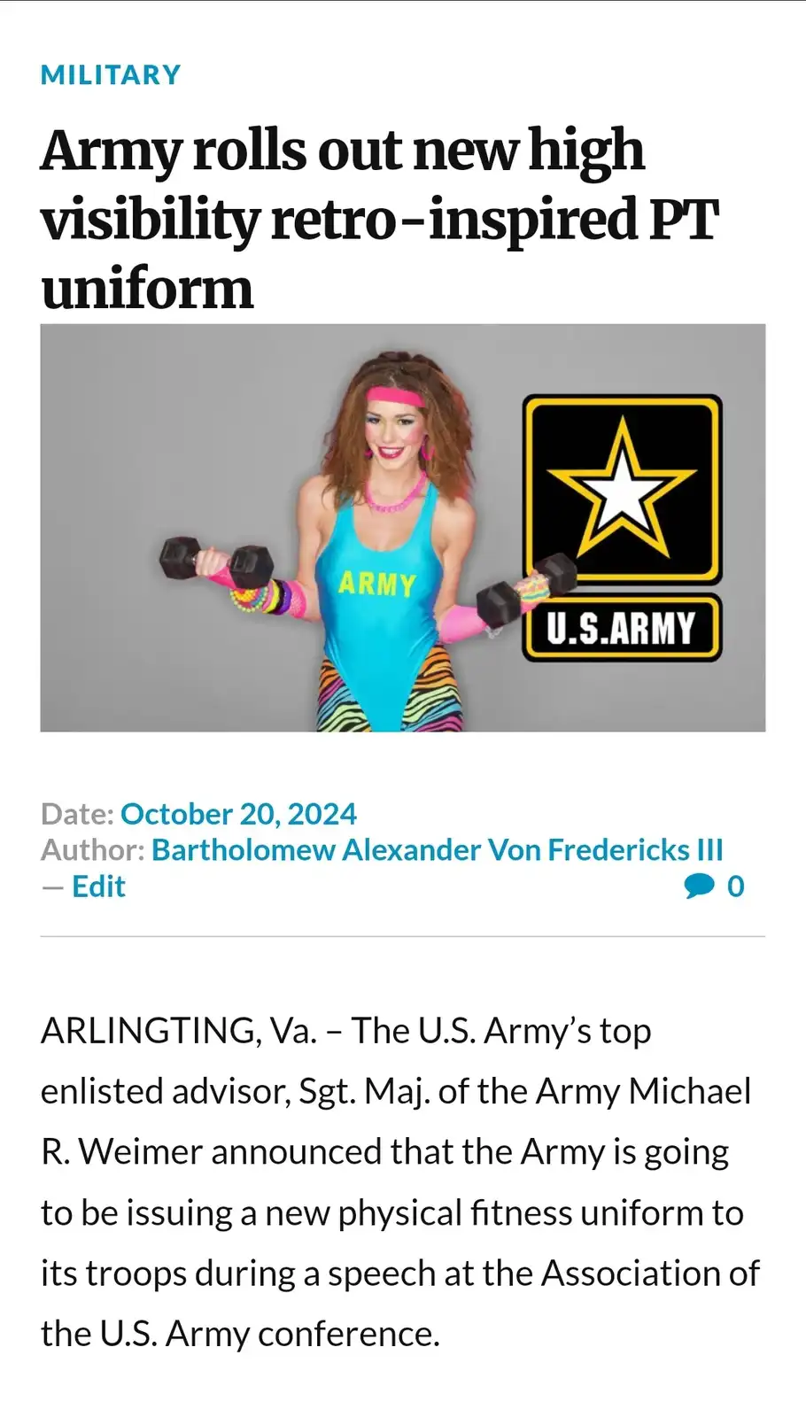 A mock news article titled 'Army rolls out new high visibility retro-inspired PT uniform' features a woman in a bright blue…