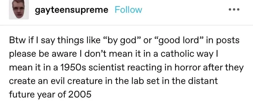 A screenshot of a social media post by 'gayteensupreme' with a plain white background and black text. The text explains that…