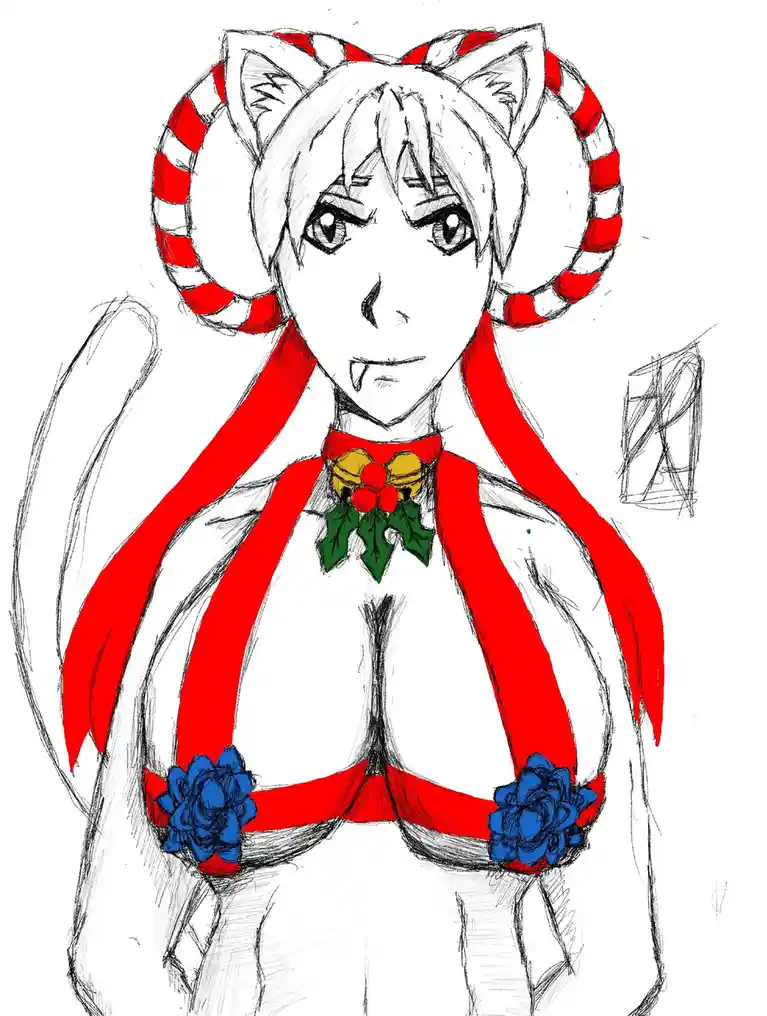 A sketch-style anime girl with cat ears wrapped in red-and-white candy cane patterns, wearing a red ribbon scarf with a…