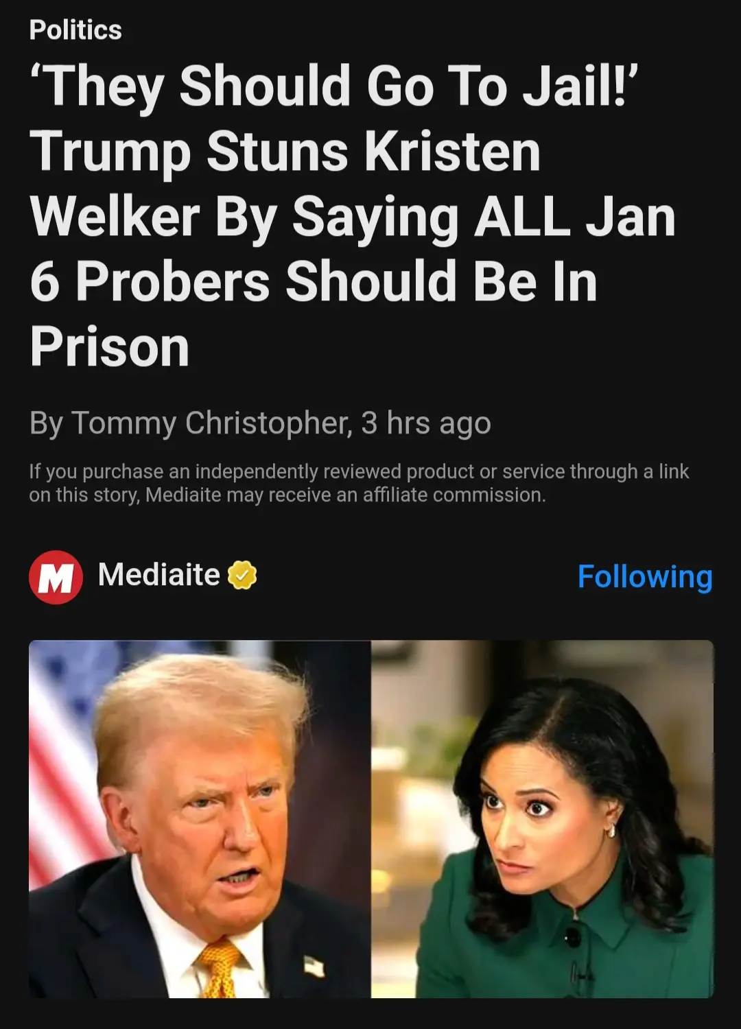 A screenshot of a Mediaite news article headline about Donald Trump saying all January 6th investigators should go to jail…