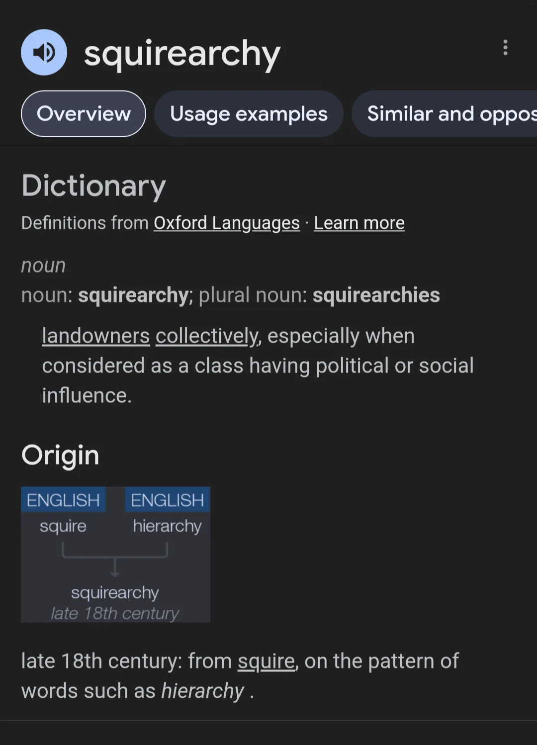 A screenshot of a dictionary entry for the word 'squirearchy' from Oxford Languages, showing its definition as 'landowners…