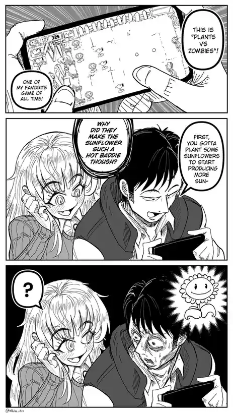 A three-panel black-and-white comic shows a person excitedly showing a Plants vs. Zombies game on their phone, then a girl…