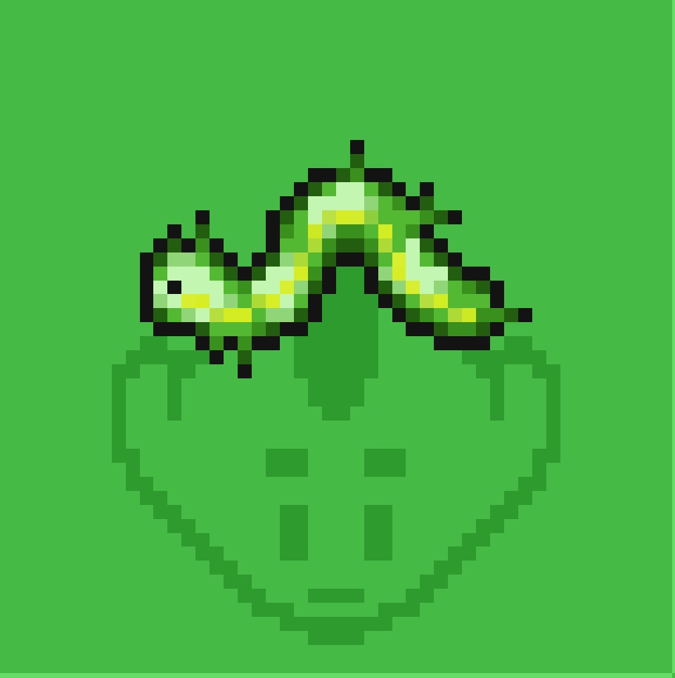 A pixelated green heart with a smiling face and a green leafy crown on top, set against a solid green background. The…