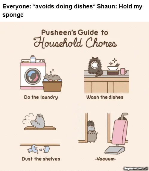 Six identical panels show a cartoon cat named Shaun from 'Pusheen's Guide to Household Chores' avoiding chores. In each…