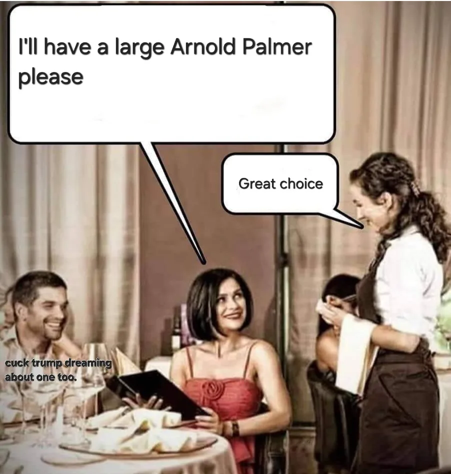 A man and woman sit at a restaurant table, smiling as a waitress approaches. The man says, 'I'll have a large Arnold Palmer…