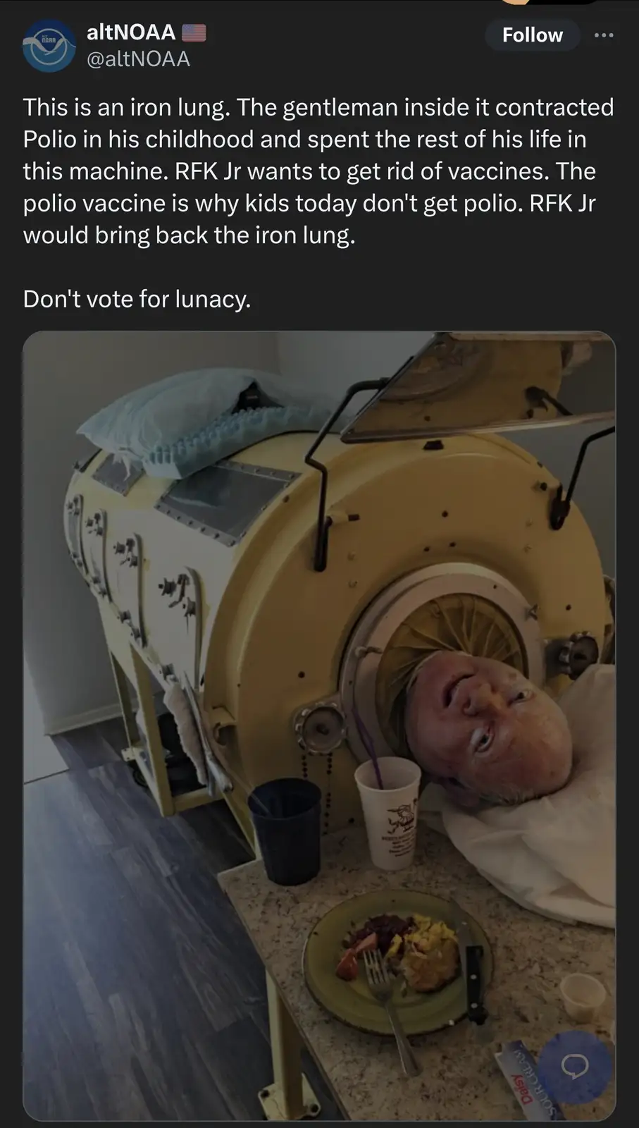 An elderly man with a weathered face is shown inside a vintage, yellow iron lung machine, with his head and shoulders…