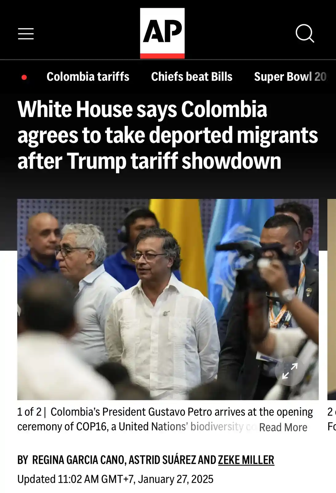 A screenshot of an Associated Press news article shows Colombia's President Gustavo Petro at a COP16 biodiversity…