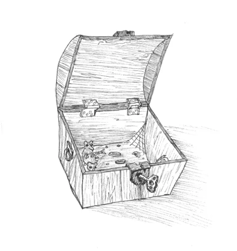 A hand-drawn sketch of an open wooden treasure chest with rusty hinges and a tarnished lock, revealing only dust, cobwebs…