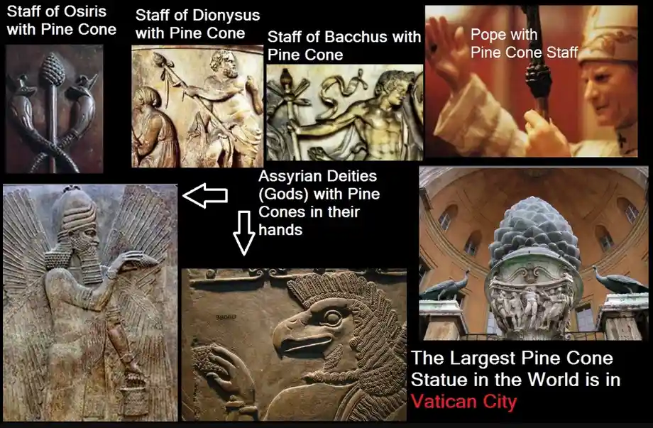 A collage of ancient and religious imagery showing various deities and figures holding pine cones, including Osiris…