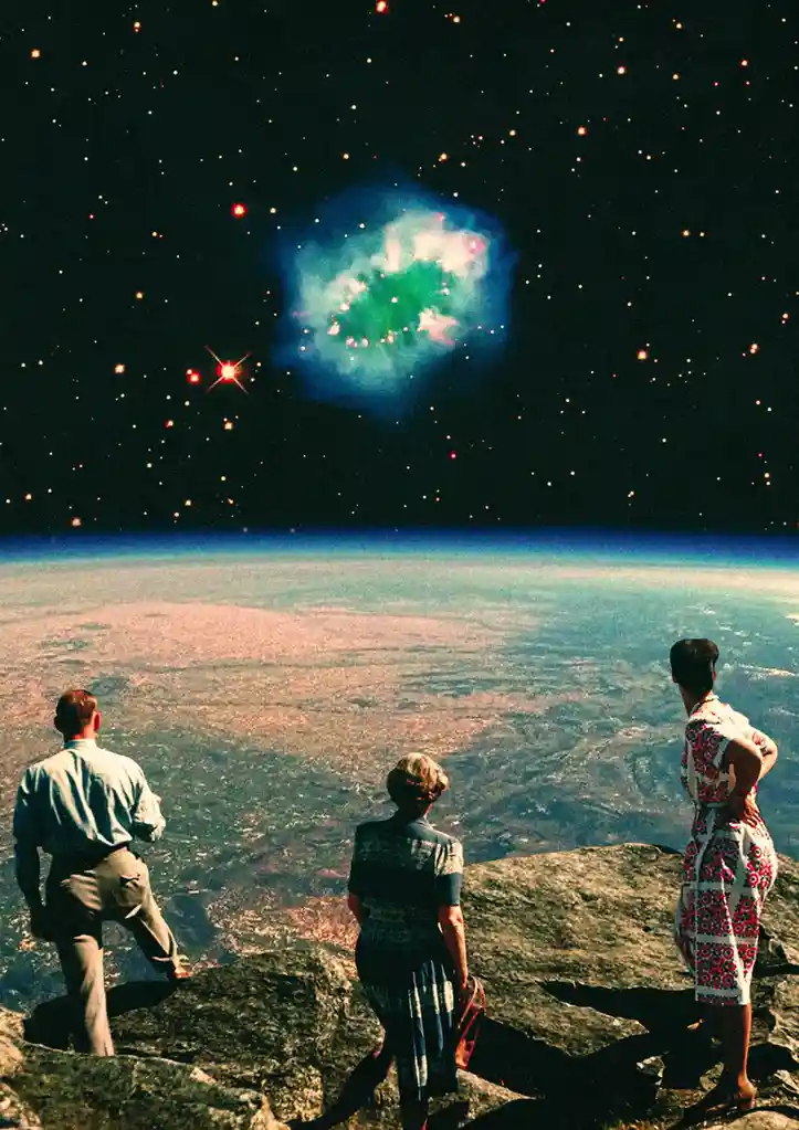 Three people in vintage clothing stand on a rocky outcrop overlooking a curved, Earth-like planet with a starry sky and a…