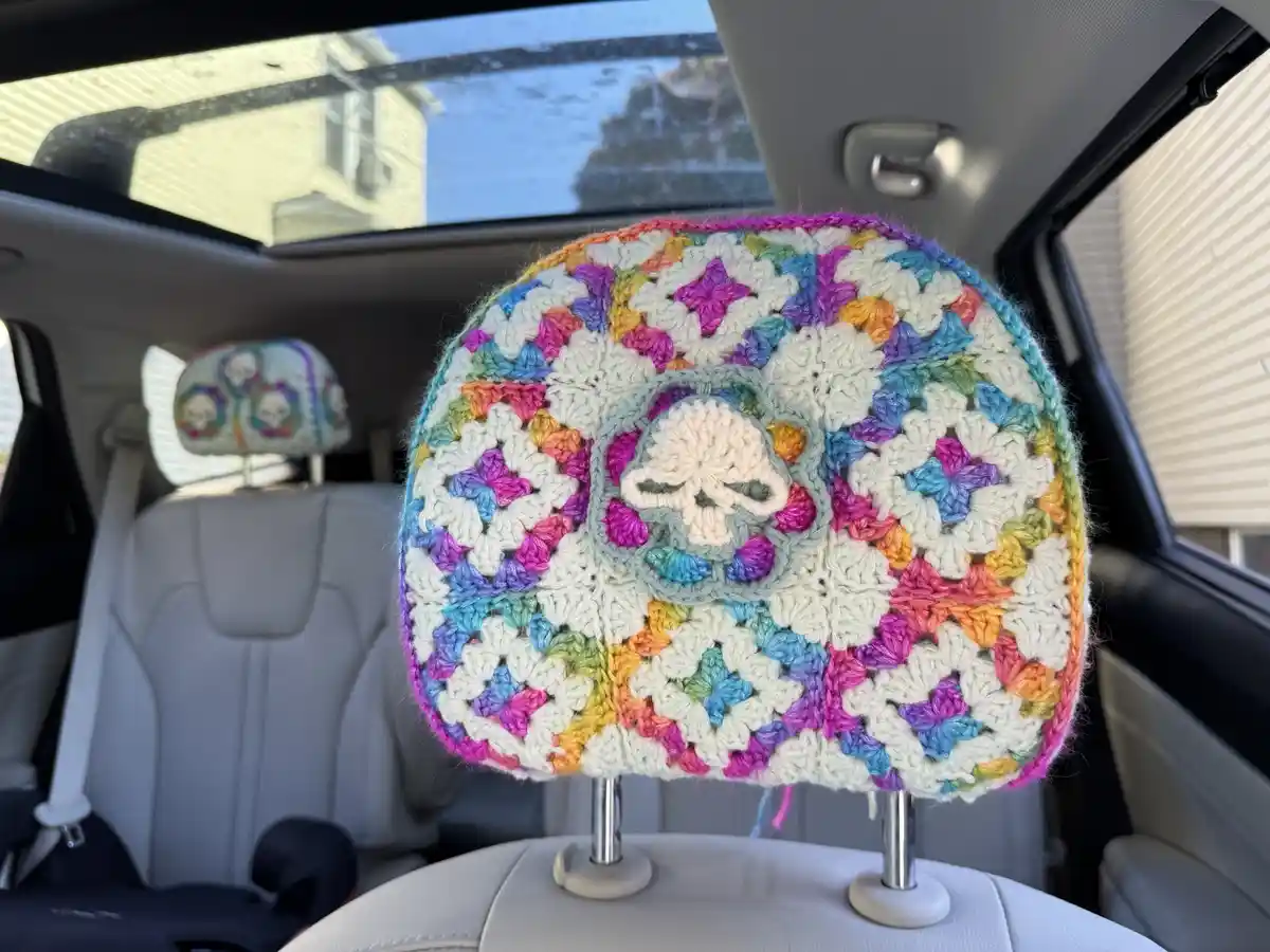 Look at the rainbow skull headrest covers I crafted!