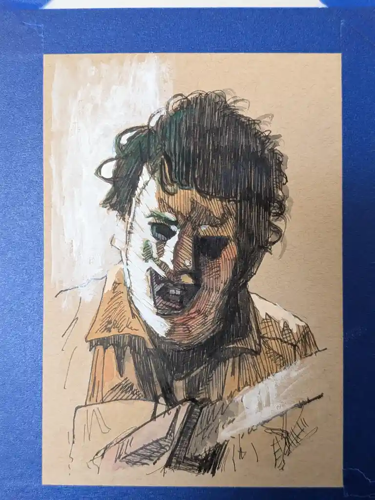 A hand-drawn sketch on beige paper shows a person with half their face painted white like a clown, while the other half is…