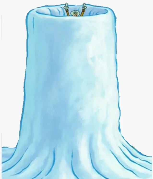 a cartoon character with a round head and two arms is partially submerged in a tall, cylindrical mound of light blue ice…