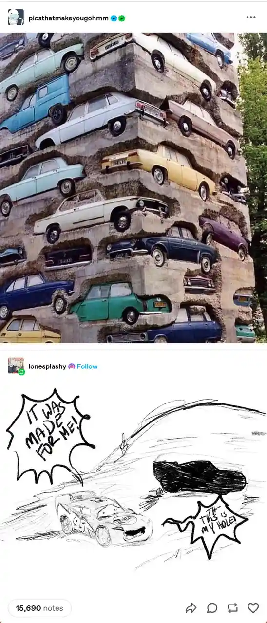The image displays two parts: the top shows a real-life concrete structure with vintage cars embedded in its layers, and the…
