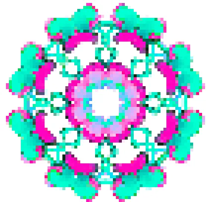 The image displays six identical, colorful, pixelated mandala-like patterns arranged in two rows of three. Each pattern…