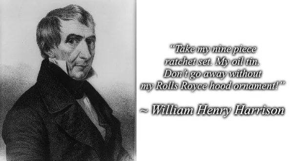 A black-and-white portrait of William Henry Harrison, a historical U.S. president, is juxtaposed with modern, anachronistic…