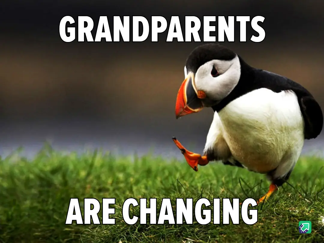A puffin stands on green grass, looking down with one foot lifted, as if in mid-step or about to walk away. The image has…