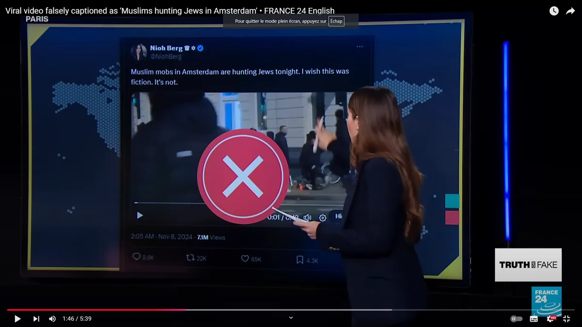 A news anchor stands before a screen displaying a Twitter post by Nioh Berg, which falsely claims 'Muslim mobs in Amsterdam…