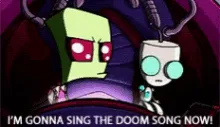 The image shows two cartoon characters, one green with red eyes and one white with blue eyes, sitting in a purple chair. The…