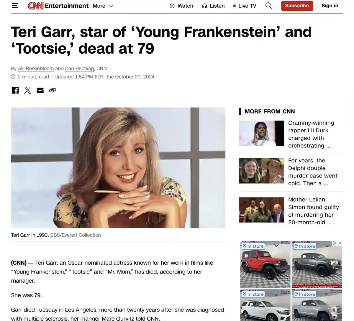 A screenshot of a CNN Entertainment news article announcing the death of actress Teri Garr at 79, featuring a 1993 photo of…