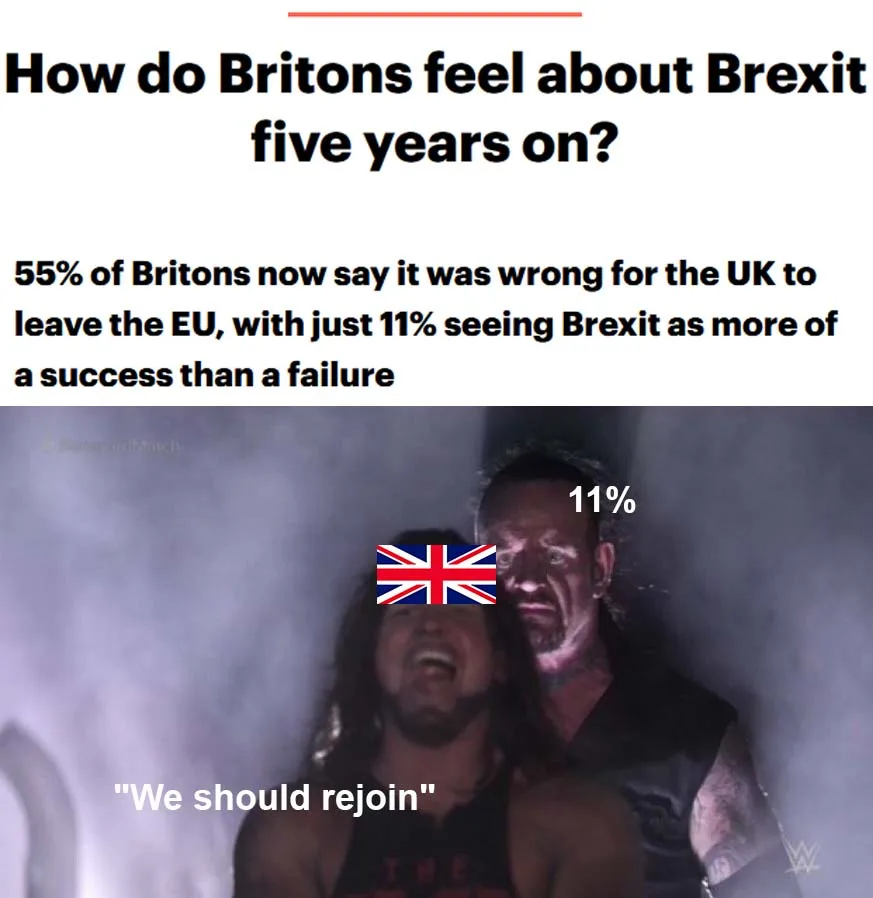 The image shows a meme overlaying a wrestling scene where one wrestler, with a Union Jack flag over his face, is yelling 'We…