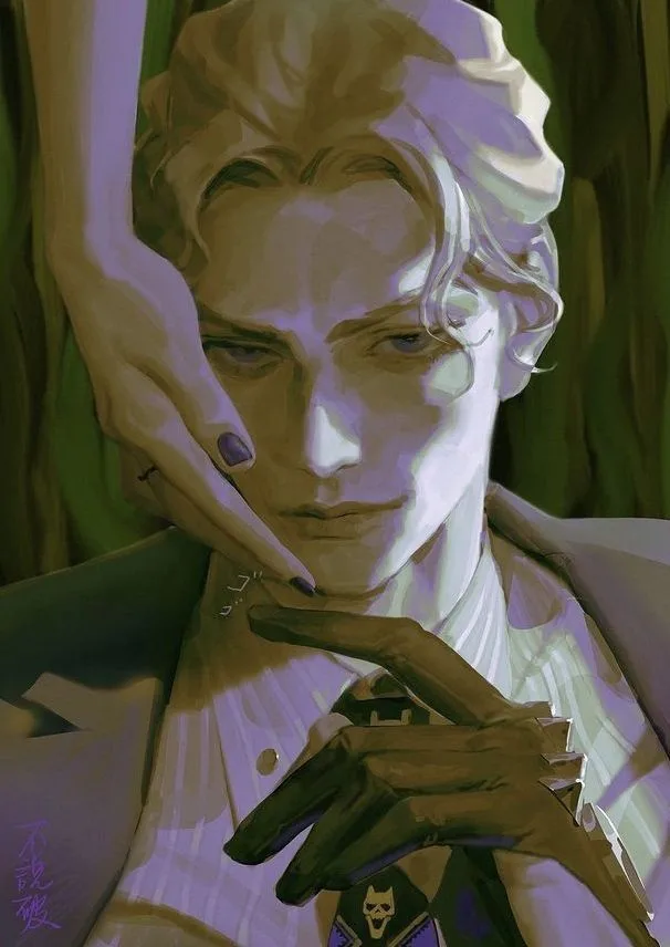 A stylized digital painting of a man with light-colored hair, wearing a white shirt and dark tie, looking intensely at the…