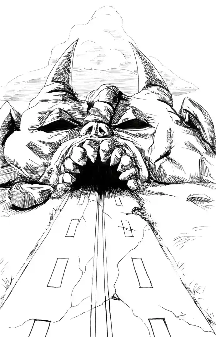 A black-and-white sketch shows a giant, monstrous face with horns and clenched fists emerging from the ground, its mouth…
