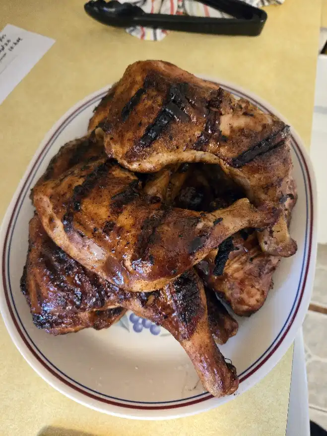 A plate piled high with grilled chicken pieces showing heavy charring and blackened grill marks, suggesting overcooking or…