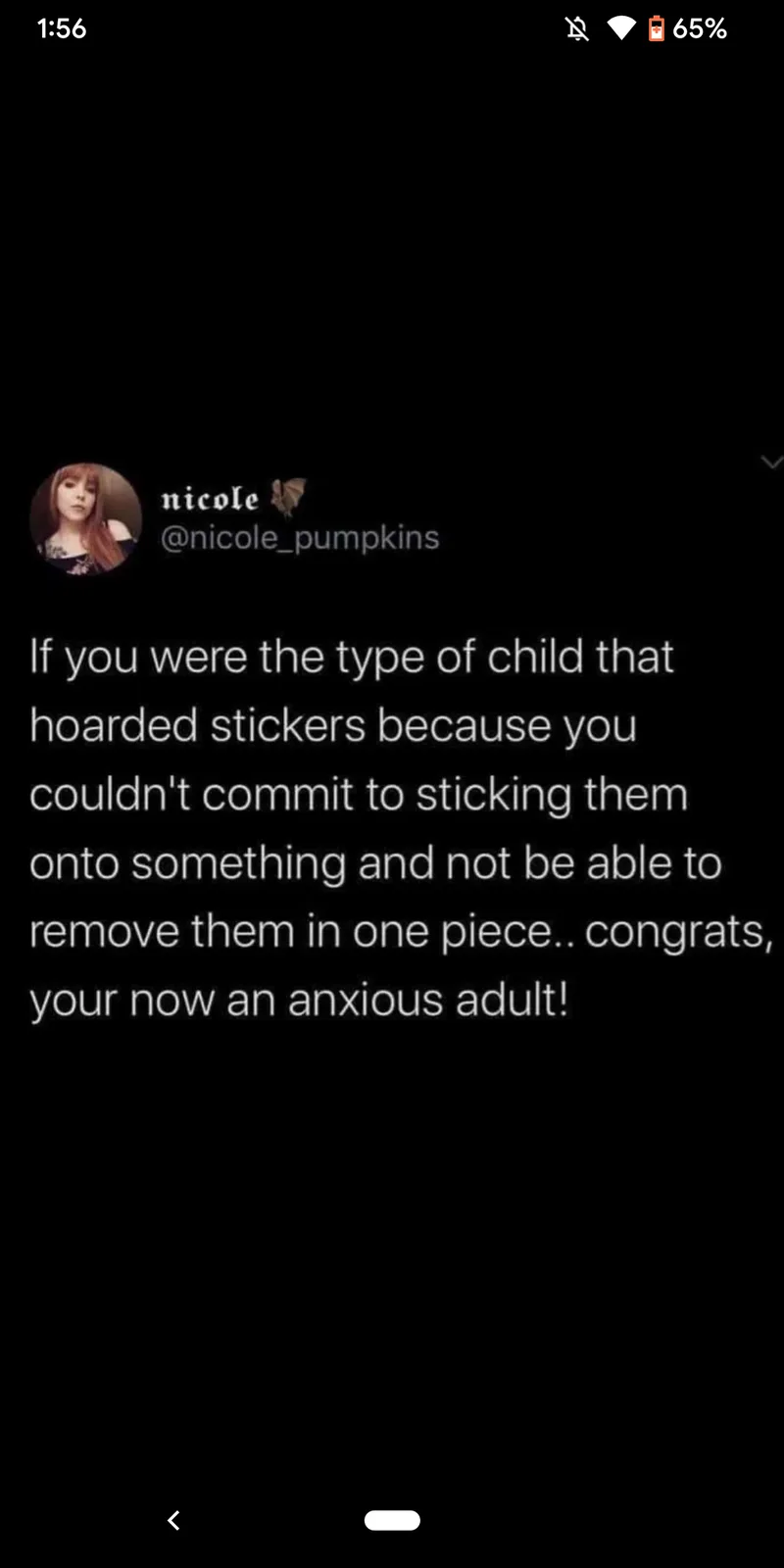 A screenshot of a tweet by user 'nicole @nicole_pumpkins' with white text on a black background. The tweet humorously links…