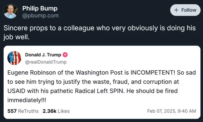 A screenshot of a Twitter post by Philip Bump praising a colleague, overlaid with a screenshot of a tweet from Donald J…