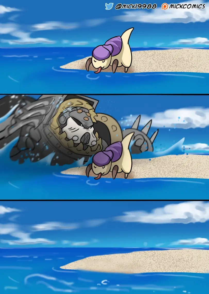 A three-panel comic shows a small, cream-colored Pokémon with a purple hat and tongue out, relaxing on a beach. In the…
