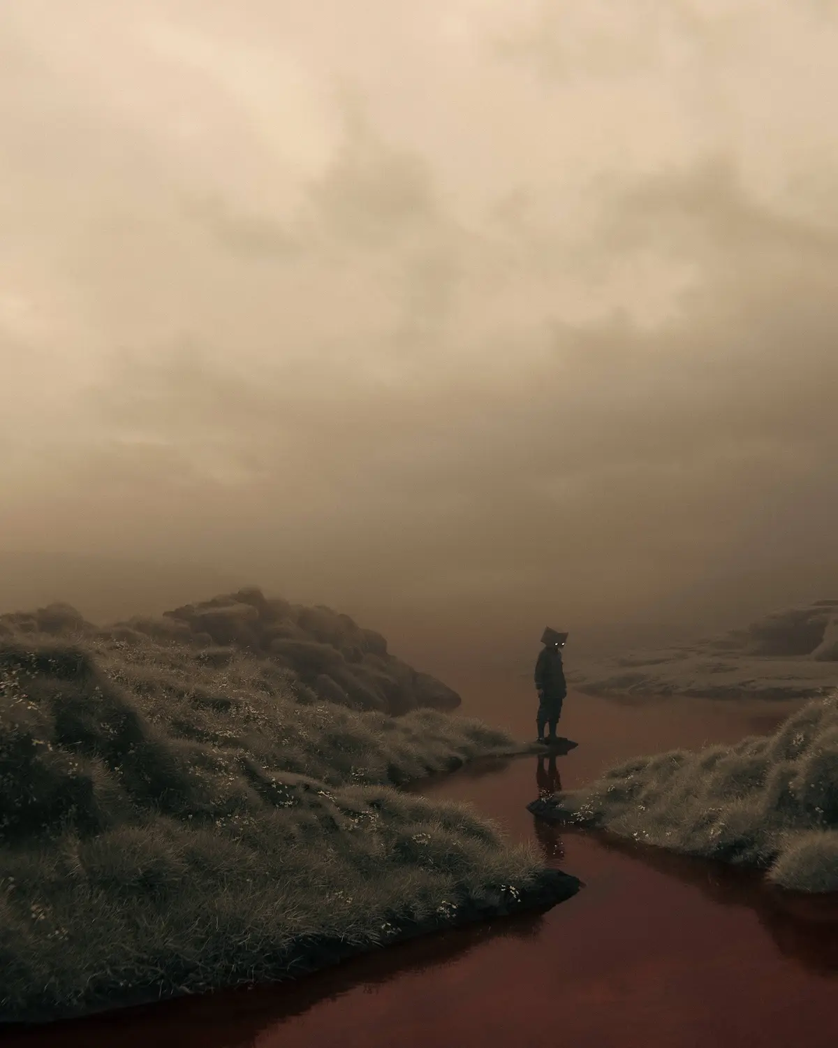 A solitary figure stands on a rock in a misty, sepia-toned landscape with a reddish river, wearing a box-like head with…