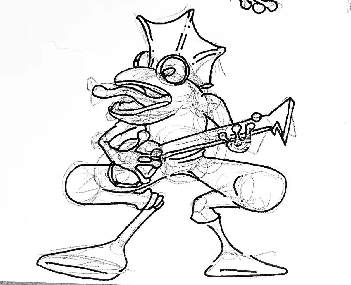 A black-and-white sketch shows a cartoon duck-like creature wearing a crown and playing a trumpet with an exaggerated…