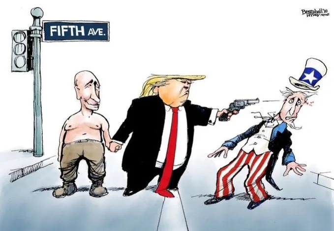 A political cartoon depicts Donald Trump pointing a handgun at Uncle Sam, who is recoiling in shock, while holding hands…