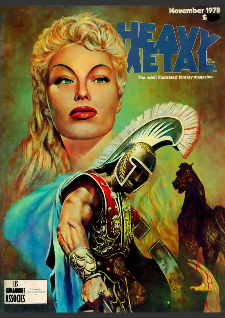 The cover of Heavy Metal magazine from November 1978 features a blonde woman with blue eyes and red lips behind a muscular…