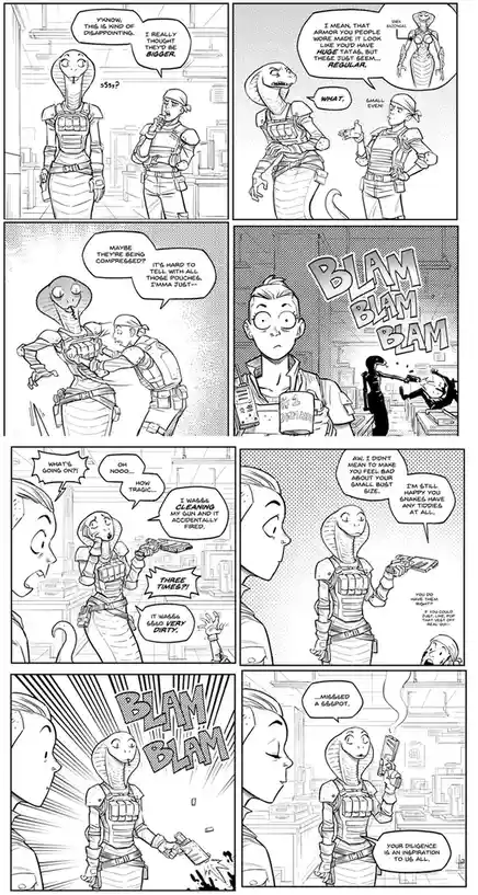 A black-and-white comic strip featuring a snake-like alien character and a human soldier. The alien expresses disappointment…