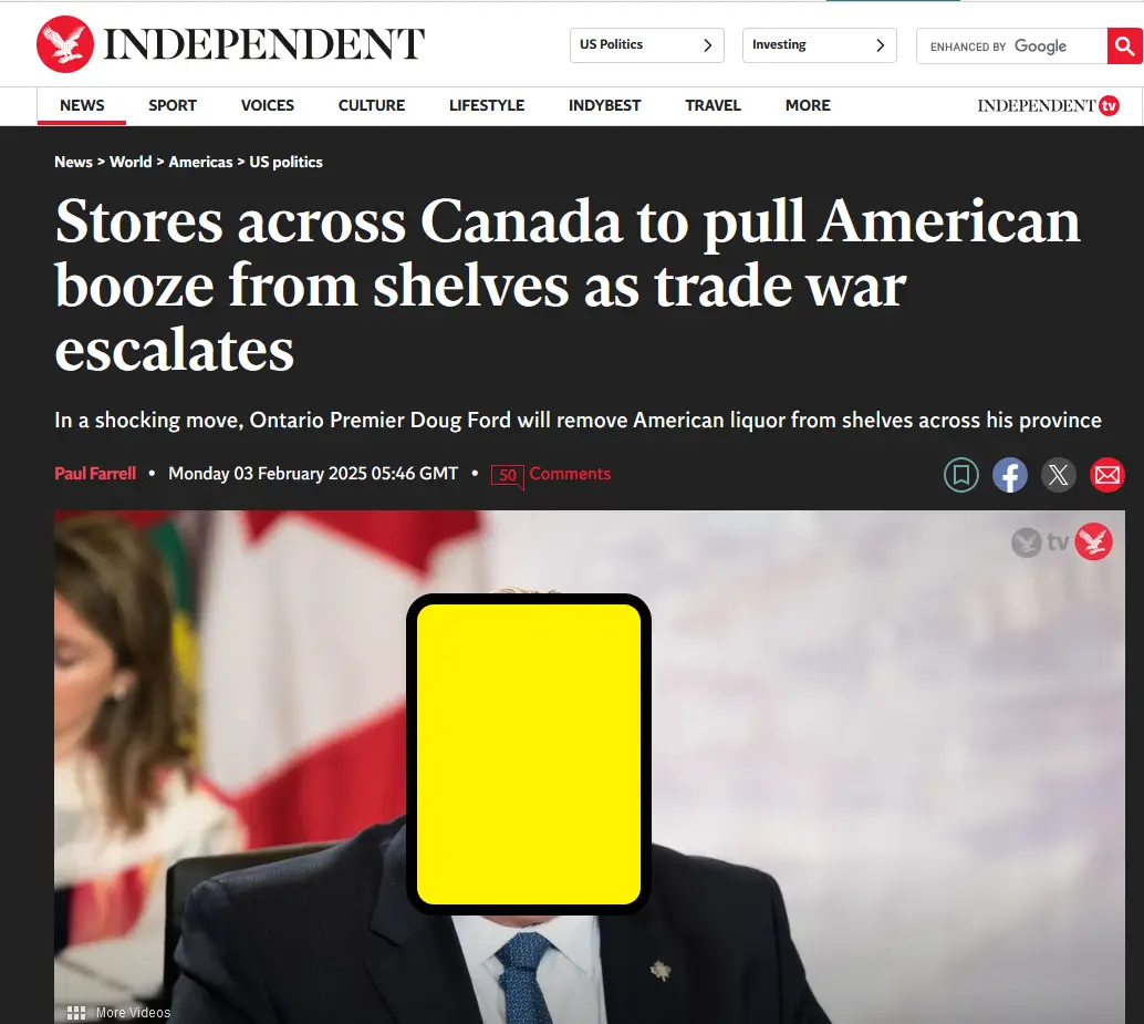 A screenshot of an Independent news article with a headline about Canadian stores removing American liquor. The photo shows…