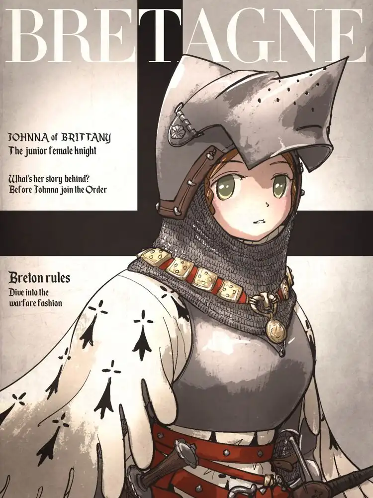 An anime-style illustration of a young woman in medieval knight armor, including a helmet and chainmail, with a white cape…