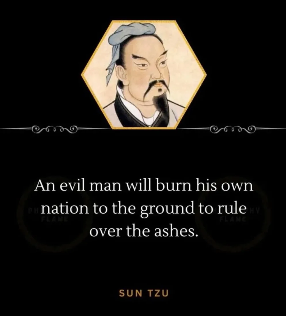 A black background features a hexagonal portrait of a man with a mustache and head wrap, resembling Sun Tzu. Below, white…