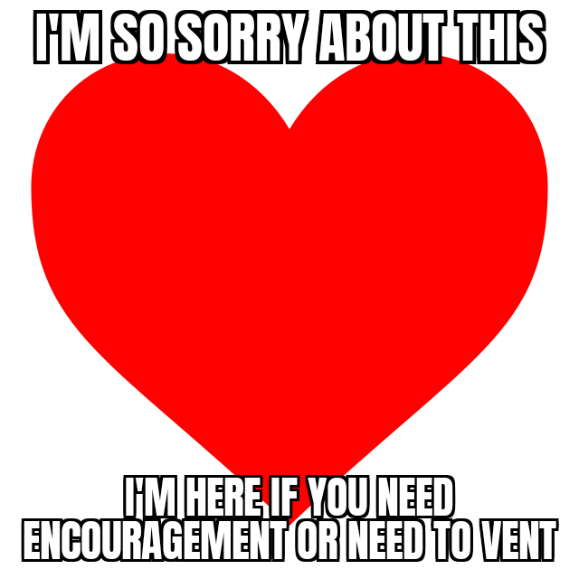 A large, solid red heart is centered on a black background. White, bold, all-caps text is split into two lines: the top…