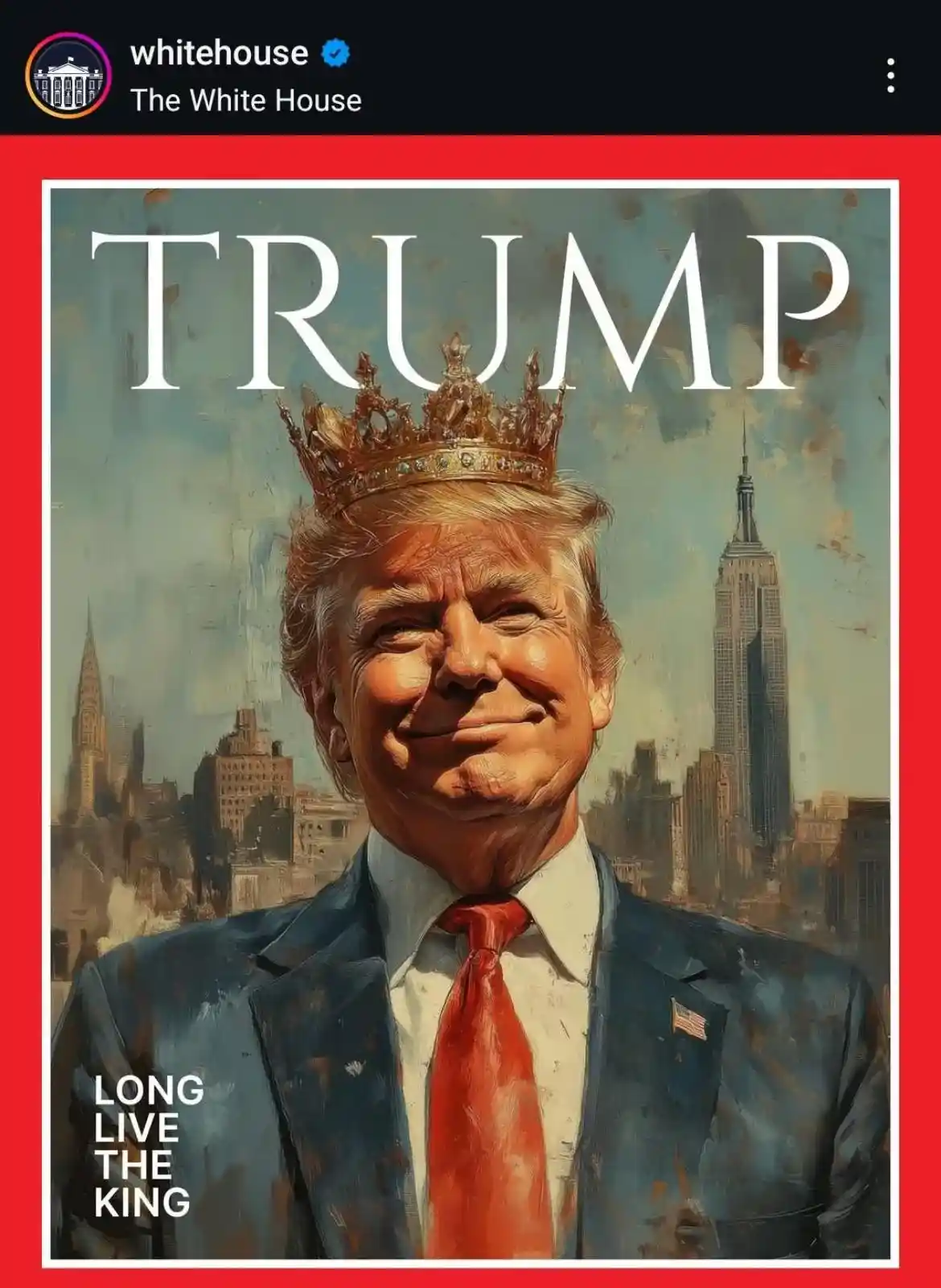 An illustrated portrait of Donald Trump wearing a golden crown, styled like a magazine cover with the name 'TRUMP' in large…