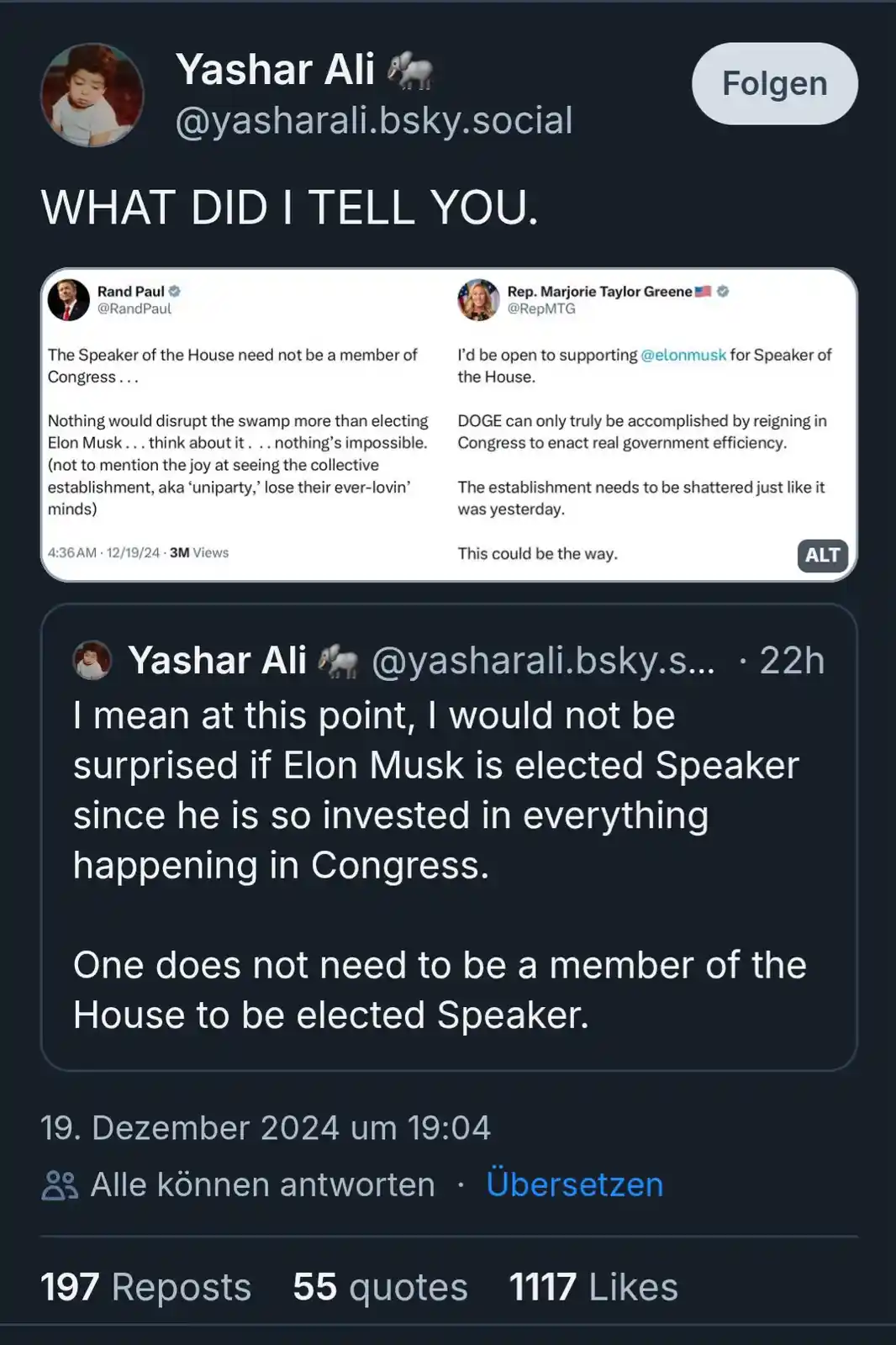 A screenshot of a social media post by Yashar Ali showing two tweets from Rand Paul and Rep. Marjorie Taylor Greene, both…