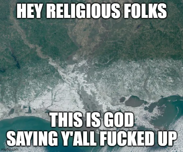 A satellite image of a snowy, mountainous region with overlaid bold white text reading 'HEY RELIGIOUS FOLKS' at the top and…