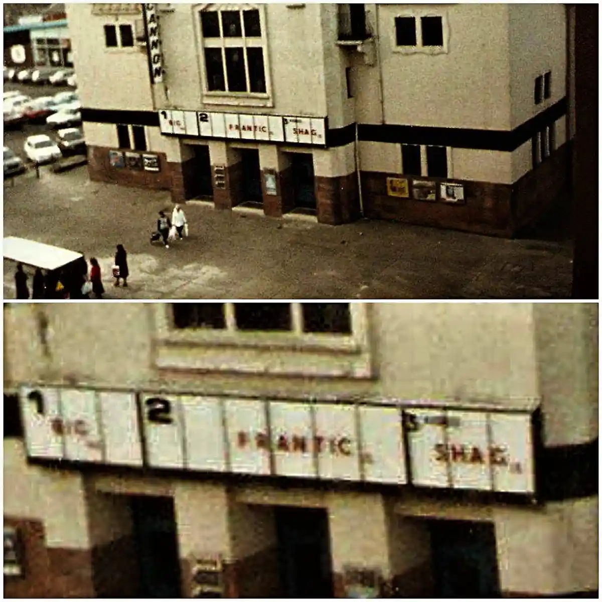 The image shows a two-panel meme of a vintage cinema marquee. The top panel shows the full building with people walking by…
