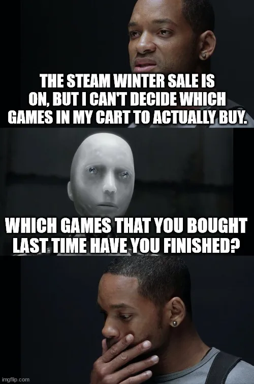 The image is a three-panel meme featuring Will Smith in two different expressions and a bald CGI man in the middle. The top…