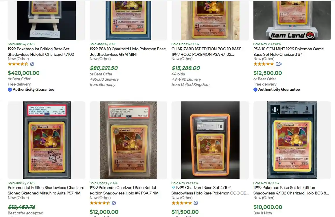 A screenshot of eBay listings for rare 1999 Pokémon Charizard trading cards, showing prices ranging from $10,000 to over…