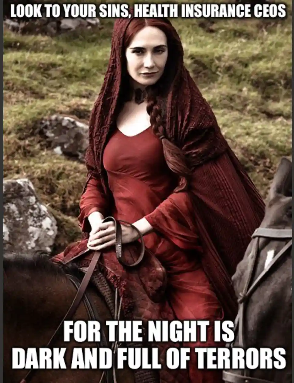 A woman in a red medieval-style dress and hood, riding a horse, stares intently at the viewer. The overlaid text reads 'LOOK…